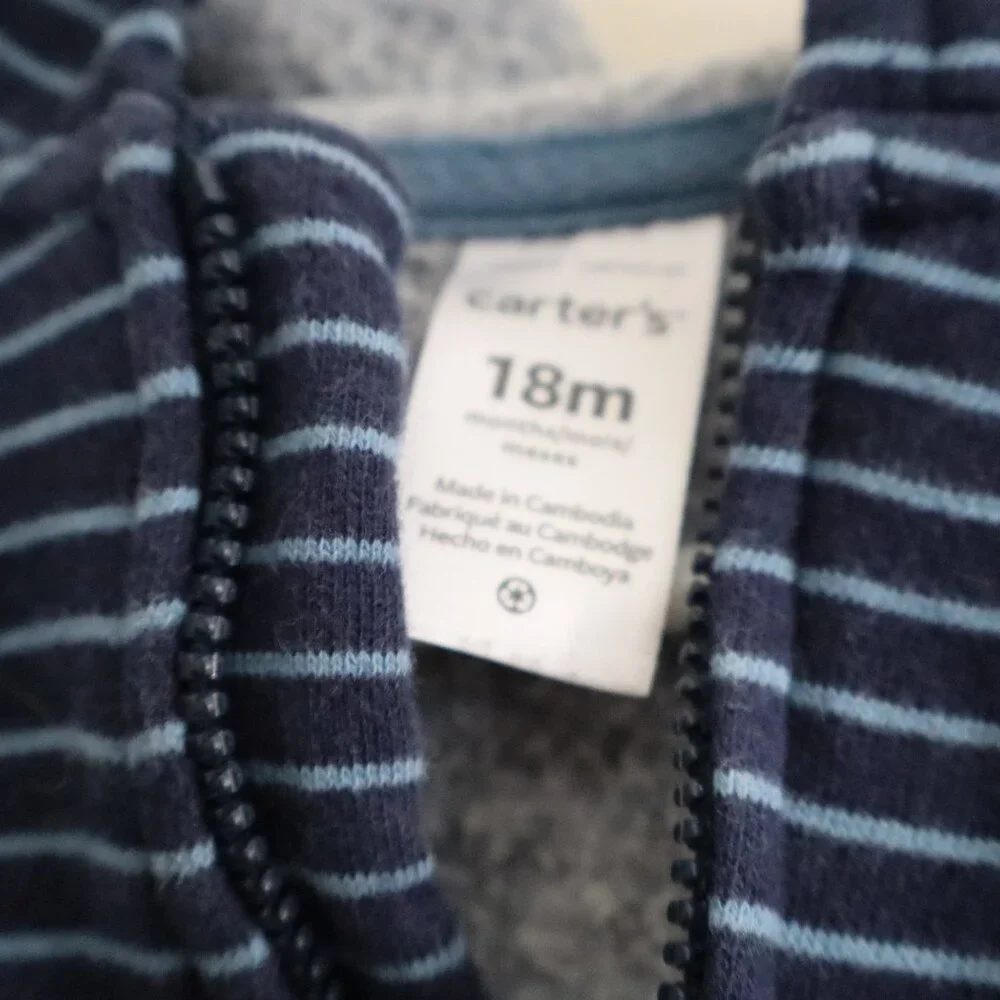Carters Dark Blue with Light Blue stripes hooded thick sleeper one piece 18m